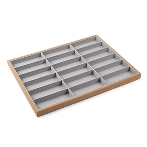 18-slot wooden jewelry display tray with grey velvet lining for rings and earrings