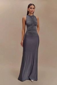 Detail view of the ruched front design on a dark grey sleeveless maxi dress