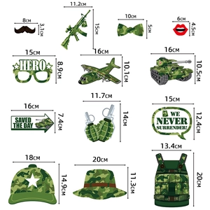 12-piece military camo party photo props set with detailed sizes on white background