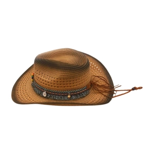 Detail showing woven texture and colorful beaded band with fringe on a straw cowboy hat