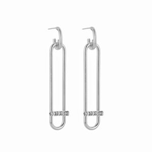 Detail of silver drop earrings with pavé zircons and a paperclip link design