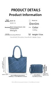 Detail view of woven denim tote bag set with precise dimensions and blue fabric texture
