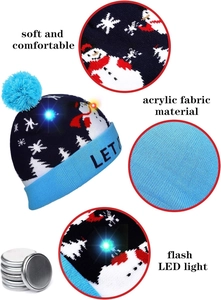 Detail showing soft acrylic fabric texture and colorful flashing LED lights on winter hat