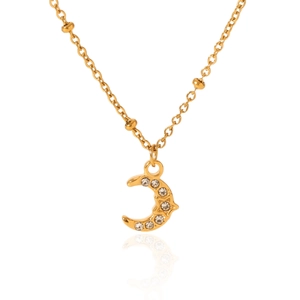 Detail of 18K gold stainless steel moon pendant with sparkling zircon insets and stars