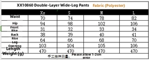 Detailed size chart for wide leg drawstring trousers showing measurements in centimeters