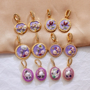 Set of 12 vintage oil painting style purple floral pendants with pearls and gold buckle
