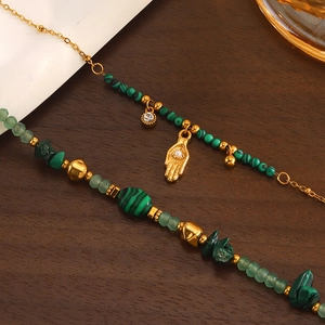 Set de bracelets bohèmes en malachite faite main avec breloques main de Hamsa et œil