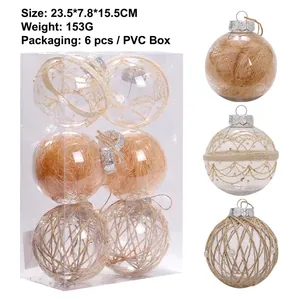 Set of 6 Christmas ball ornaments with natural fiber and hemp rope in a clear box