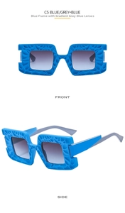 Detailed front and side view of square blue sunglasses with 3D textured frames