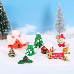 Miniature Christmas resin figurine set with snowmen and trees for DIY moss micro landscape