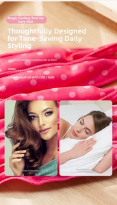 Macro detail of soft pink polka dot foam hair roller and model styling showcase