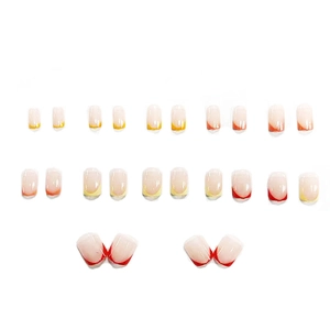 Minimalist French press-on nails set with red and yellow crescent tips on white background