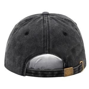 Rear view of washed black cotton baseball cap with adjustable antique brass metal buckle