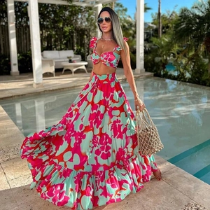 Floral Print Bikini Swimsuit With Ruffles High Waist And Matching Beach Skirt Nylon Polyester Tropical Vacation Women