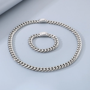 Polished 12mm stainless steel Cuban link chain necklace and bracelet set in silver finish