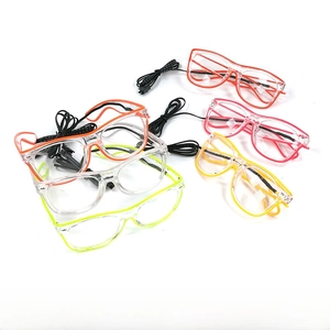 Close-up of LED glowing glasses in five vibrant colors with black power cables for party events
