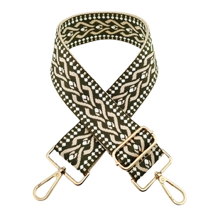 Detail of army green and beige woven 5cm wide shoulder strap with gold metal buckles
