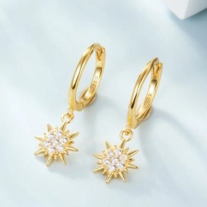 Elegant S925 sterling silver gold hoop earrings with sparkling diamond star pendants