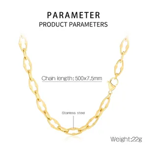 Detail view of gold titanium steel lip chain necklace with product dimensions 500x7.5mm