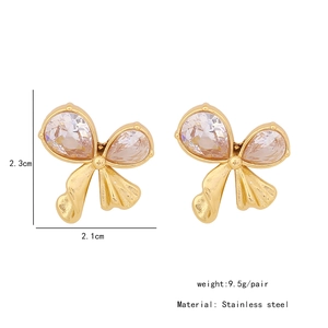 Detailed technical spec showing dimensions 2.3x2.1cm for stainless steel bow earrings