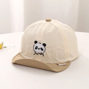 Detail of embroidered panda and soft khaki brim on the quick-dry baby sun hat