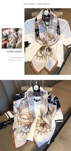 Detailed view of silk-like scarf featuring navy vintage chain prints and soft texture
