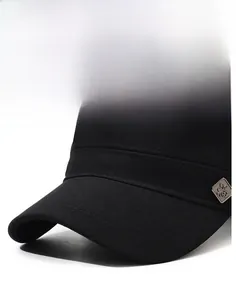 Detail of a black flat top military cap with structured brim and metallic Fu logo