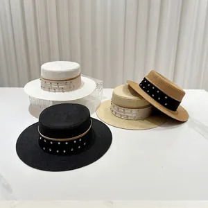 Elegant Boater Hat Paper Straw Wide Brim Rhinestone Breathable Sun Protection Summer Travel Vintage Style For Women