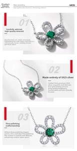 Macro detail of S925 silver flower pendant with emerald center and cubic zirconia petals