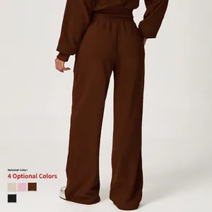 Women's high waist wide leg brown sweatpants in heavyweight fleece fabric back view