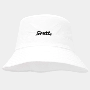 Close-up of Seattle embroidery on a breathable white quick-dry foldable bucket hat