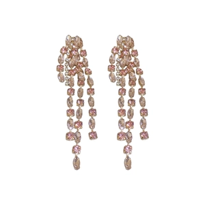 Elegant silver needle tassel drop earrings with pink and champagne crystals in gold finish