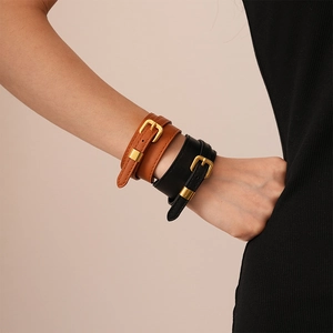 Vintage Faux Leather Wrap Bracelet Gold Alloy Belt Buckle Adjustable Choker Necklace For Women