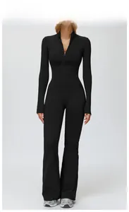 Slim-fit black fleece thermal yoga jumpsuit with stand collar and flared leg style