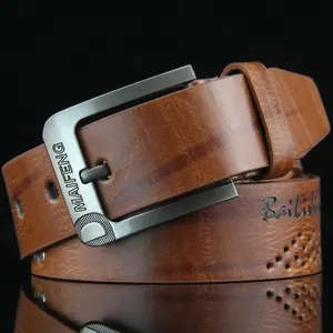 Men's vintage brown leather belt with antique needle buckle and breathable punch holes