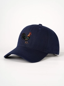 Detailed embroidery of a colorful rooster on a navy blue cotton twill baseball cap