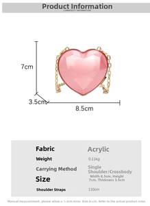 Detailed size chart for pink heart acrylic evening bag with gold chain and dimensions