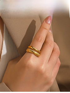 Detail of gold-plated minimalist smooth and textured vertical striped rings set