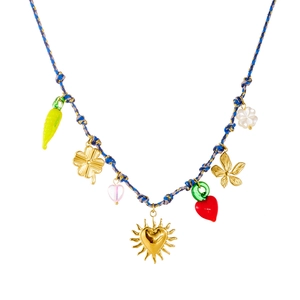 Collier à breloques multiples colorées avec cordon bleu et pendentifs coeur doré soleil