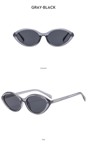 Gray-black cat-eye sunglasses with oval frames shown from front and side view angles