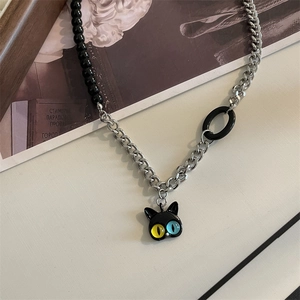 Punk style titanium steel necklace with beaded chain and bicolor eye cat head pendant