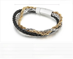Macro detail of multi-layer men's bracelet with leather cord, chains, and magnetic clasp