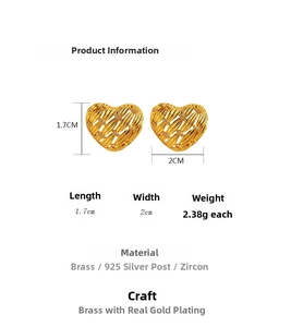 Fiche technique détaillée de boucles d'oreilles cœur en laiton doré avec dimensions 1,7x2cm