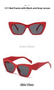 Macro detail of red cat eye sunglasses C11 showing front and geometric temple side views