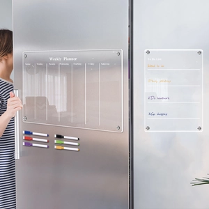 Detailed usage of magnetic acrylic weekly planner and to do list on a stainless refrigerator