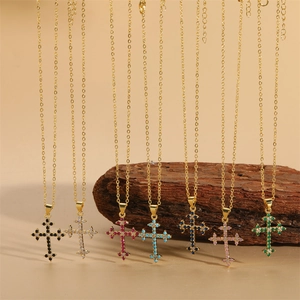Minimalist Copper Zirconia Cross Pendant Necklace For Women Gold Plated Micro Inlaid Colorful Gemstone Clavicle Chain Jewelry