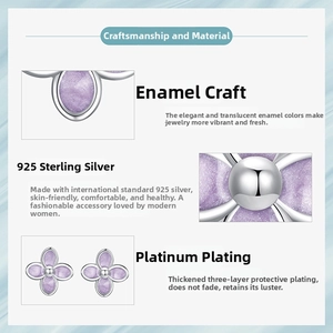 Detail of lilac flower earrings in 925 silver with lavender enamel finish