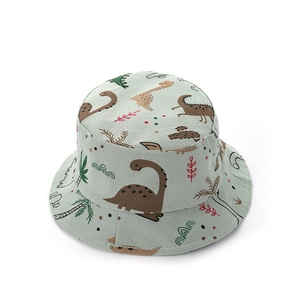 Kids cotton sun bucket hat with cute cartoon dinosaur prints in light mint green