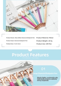 Detailed view of sequined metal ballpoint pens with large crystal diamond top, 15cm x 1cm size
