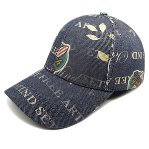 Classic dark blue denim baseball cap with vintage art prints and artistic lettering